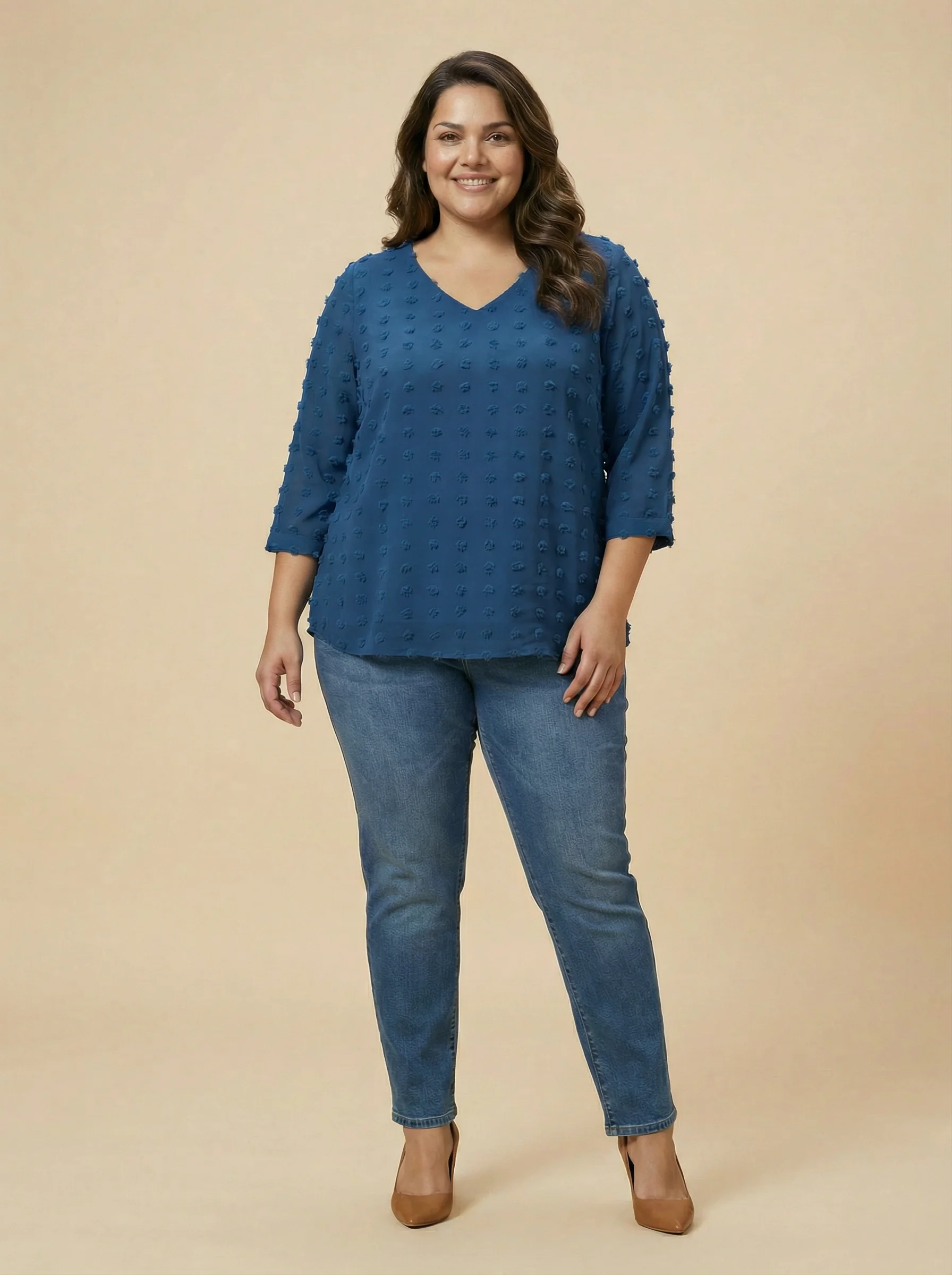 Women Teal Dobby V-Neck Top
