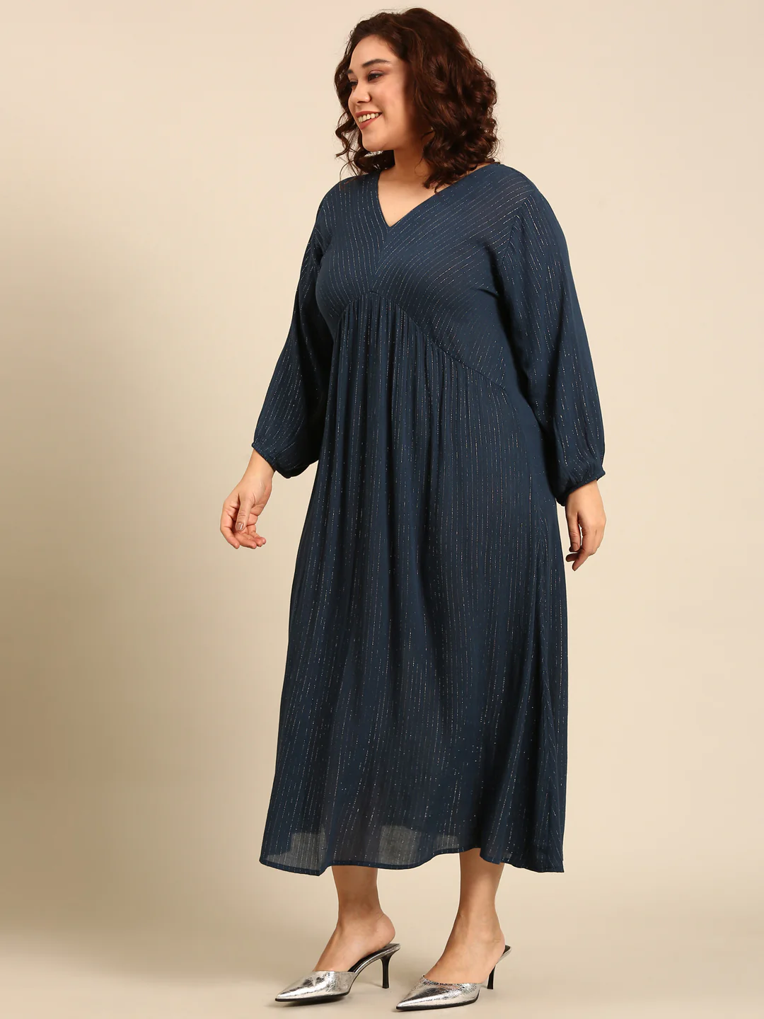 Women Teal Lurex Maxi Dress - Image 3