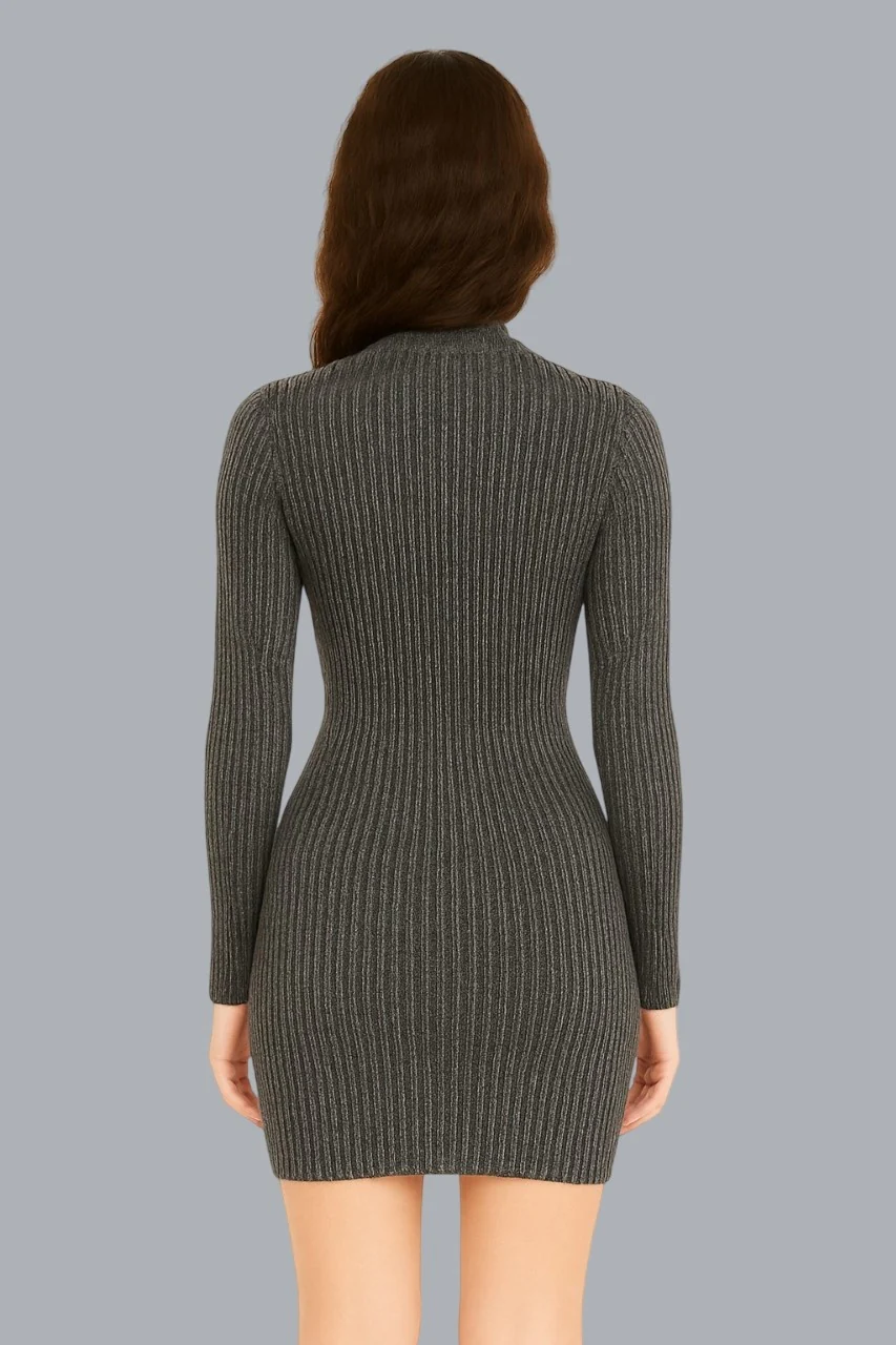 Women Viscose Black Metallic Ribbed Bodycon Dress - Image 3