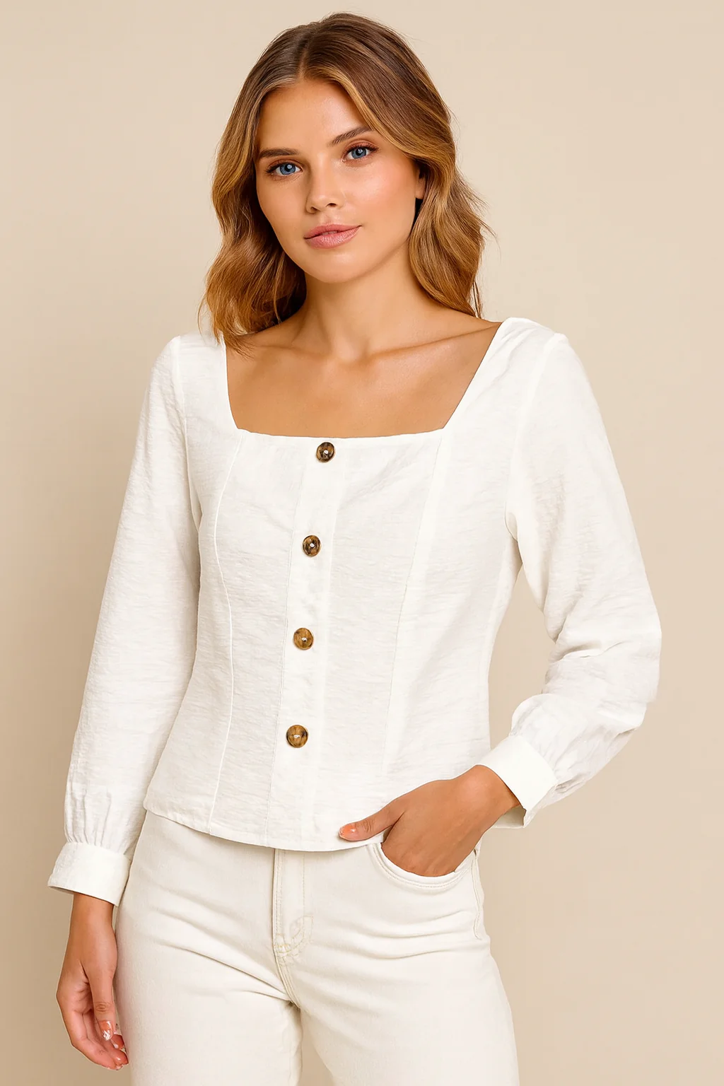 Women White Button Front Top