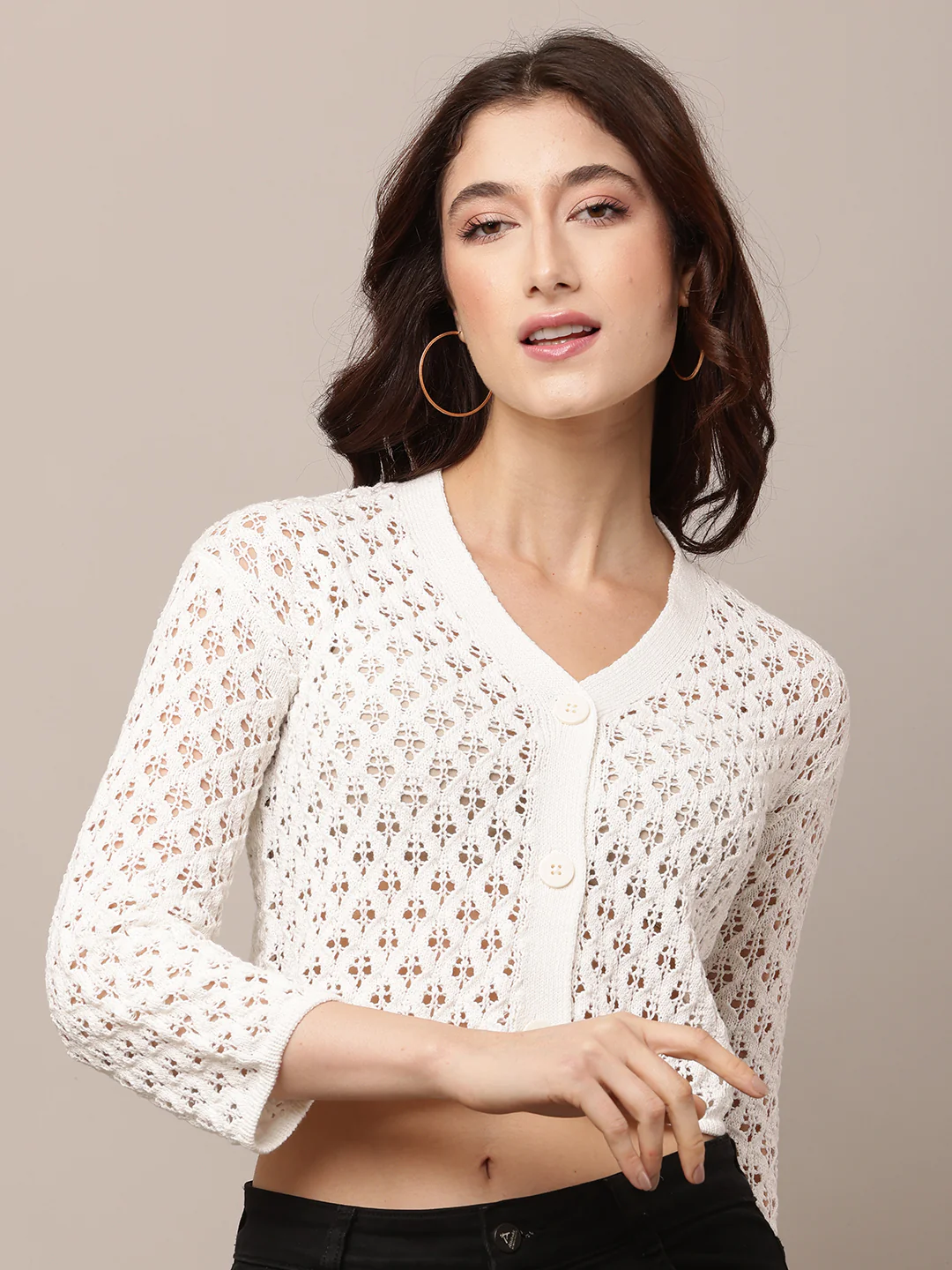 Women White Crochet Sleeve Cardigan