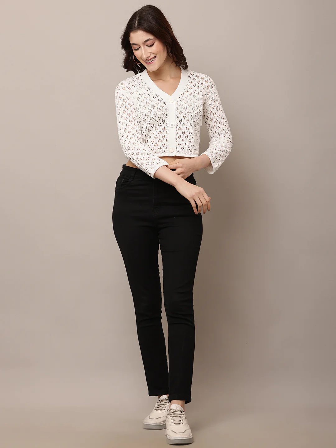 Women White Crochet Sleeve Cardigan - Image 3