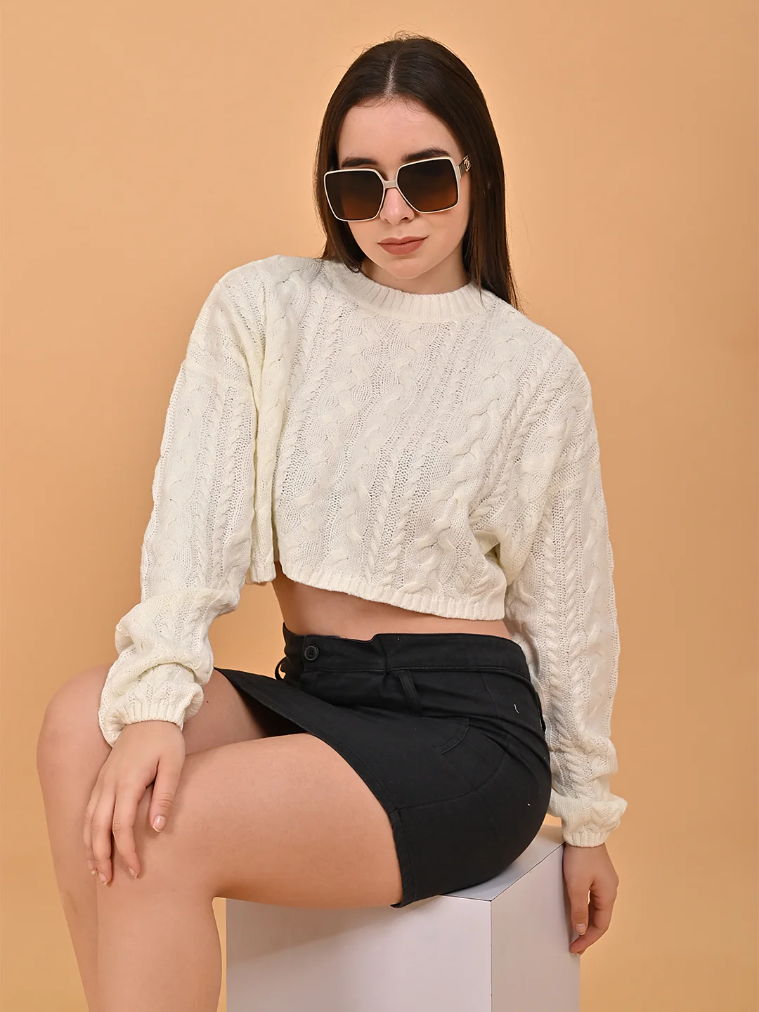 Women White Cropped Oversized Turtleneck - Image 2