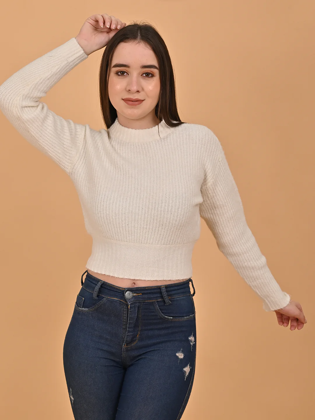 Women White Cropped Turtleneck Sweater - Image 2