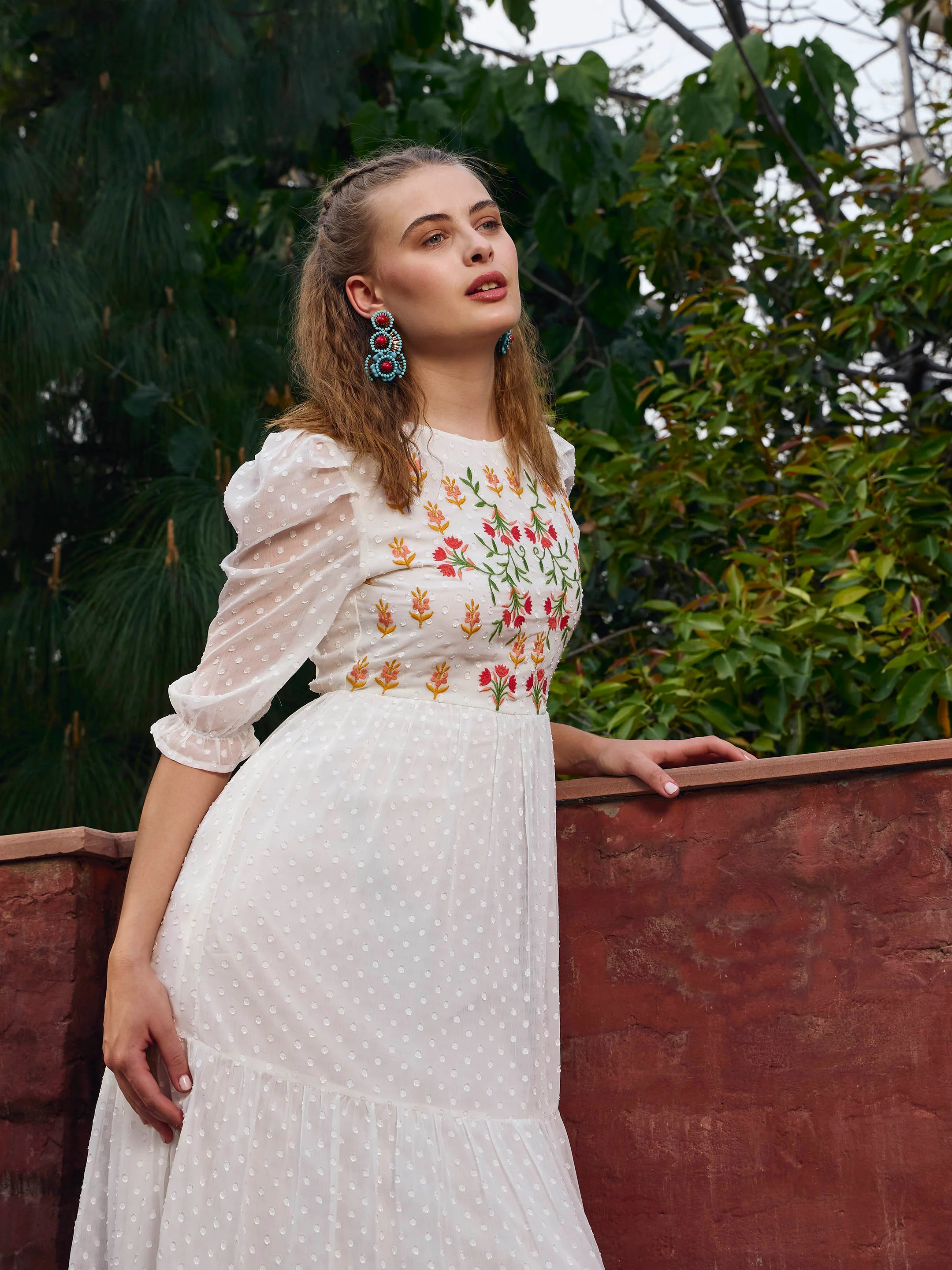 Women White Dobby Tiered Midi Dress - Image 2