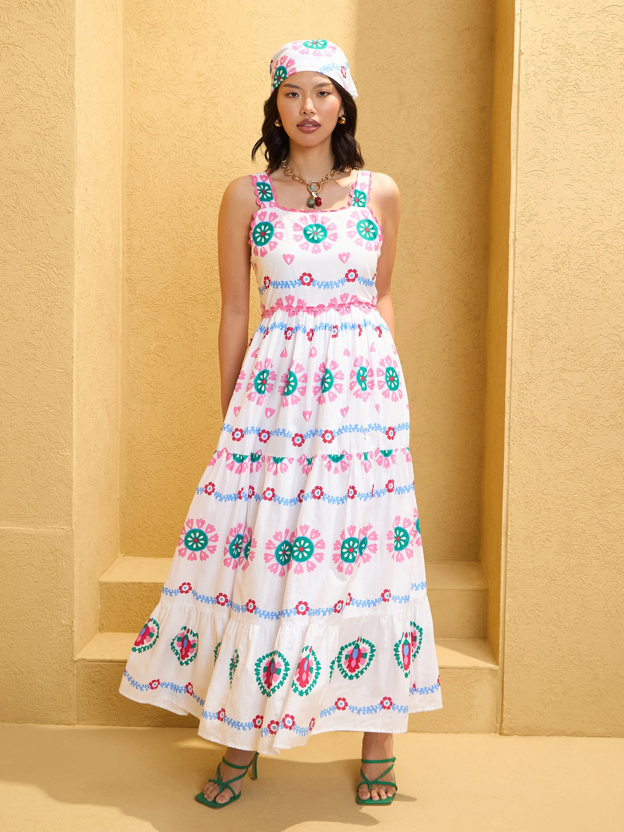 Women White Floral Strappy Tiered Maxi Dress