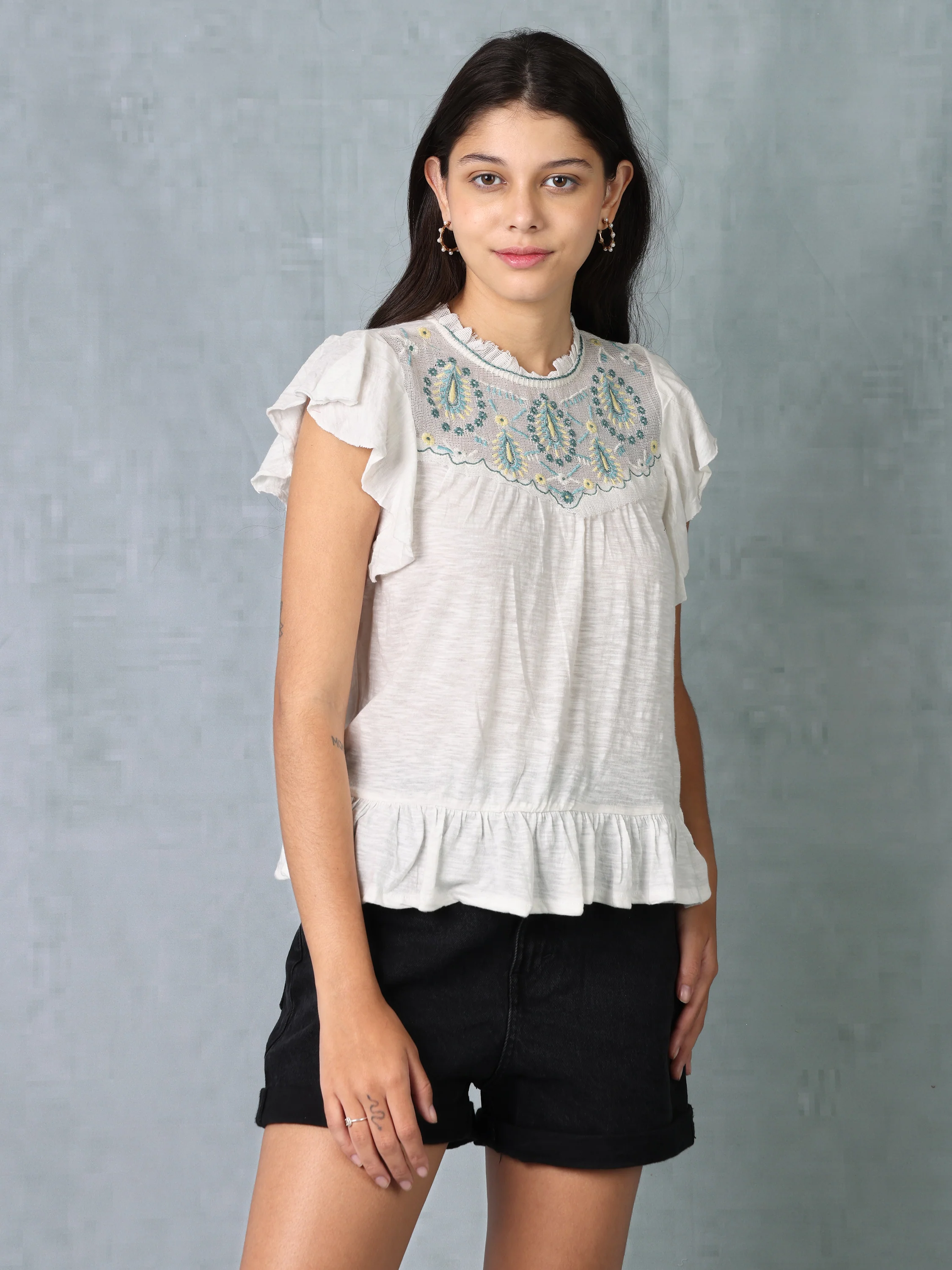 Women White & Green Embroidered Top