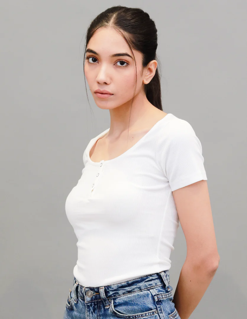Women White Henley Neck T Shirt - Image 3
