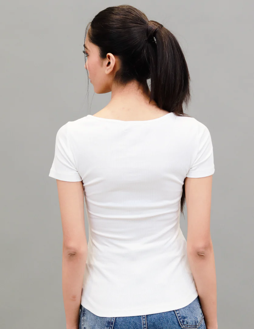 Women White Henley Neck T Shirt - Image 4