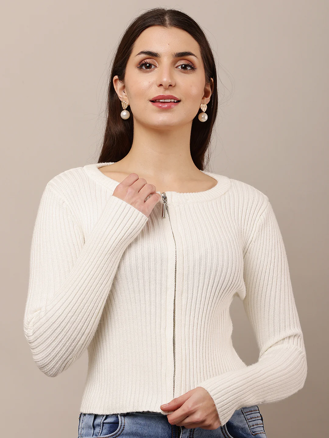 Women White Ribbed Round Neck Full Sleeve Sweater