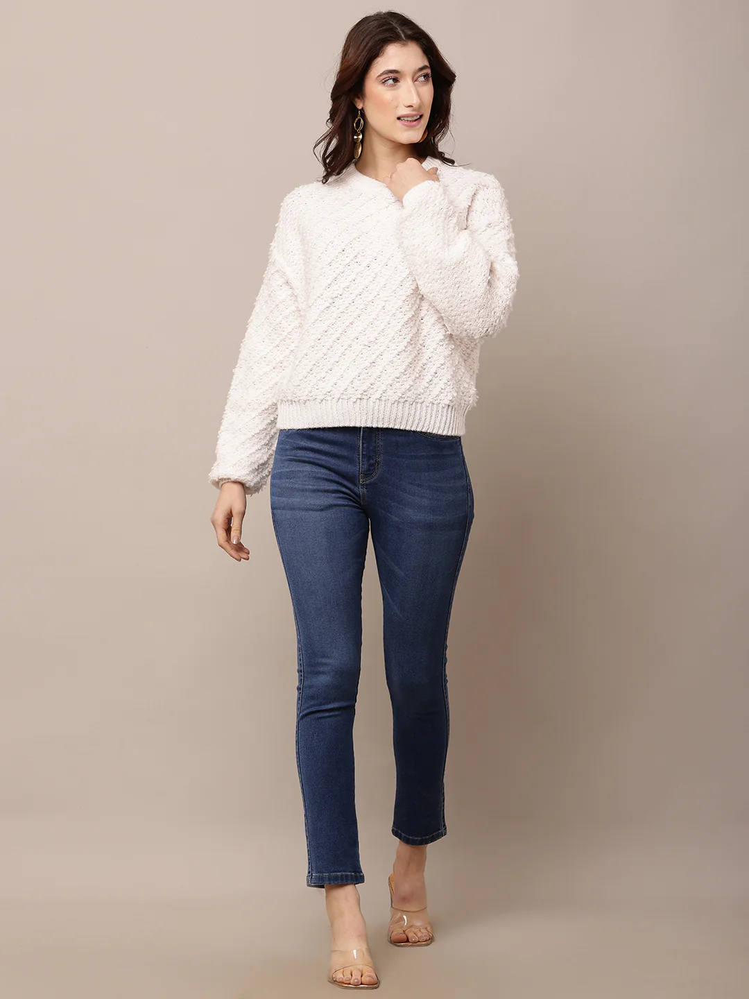 Women White Round Neck Acrylic Sweater - Image 3