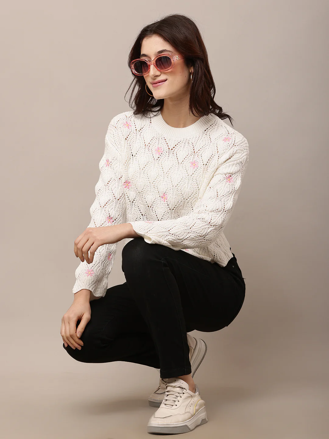 Women White Round Neck Cotton Sweater