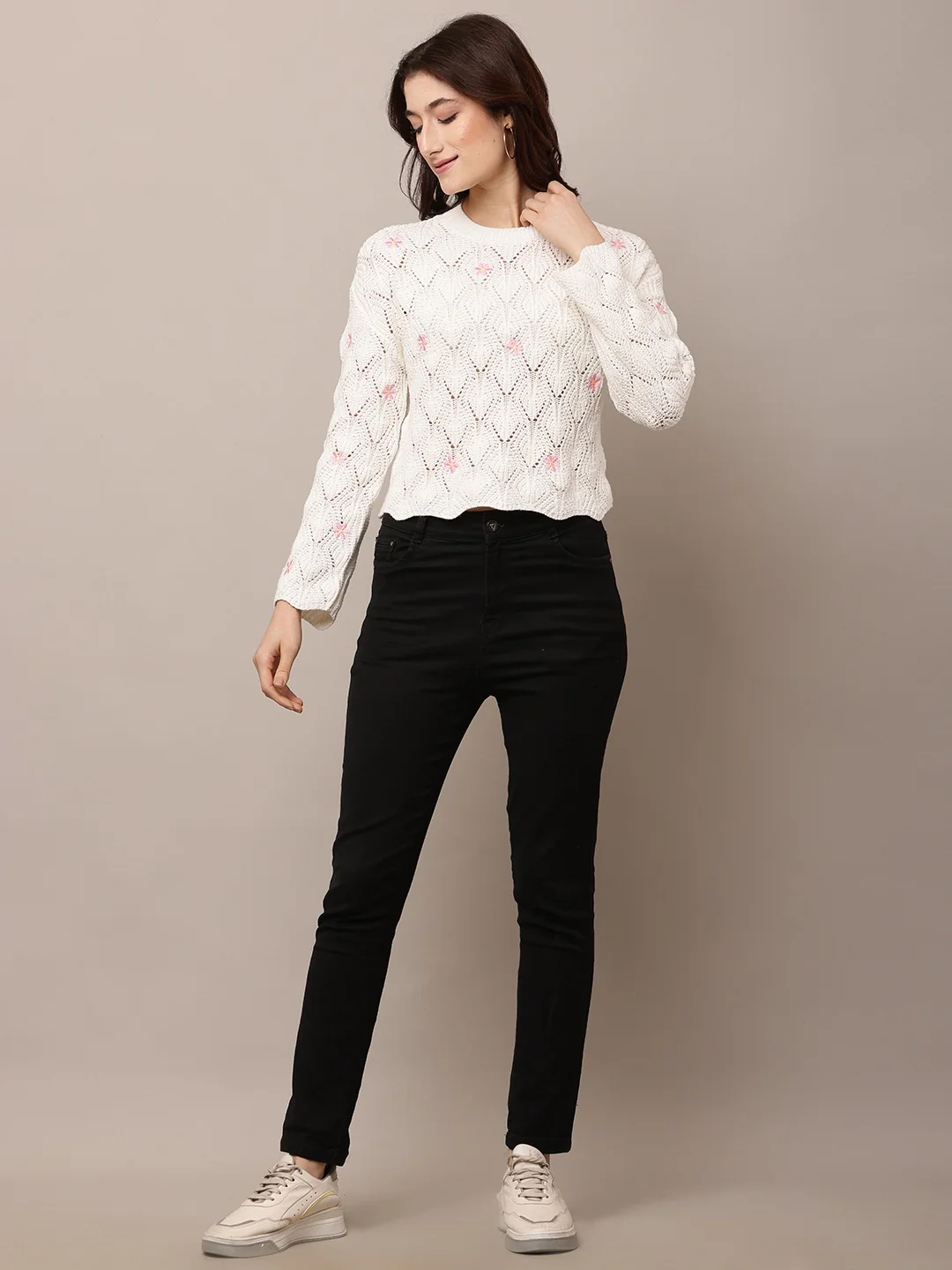 Women White Round Neck Cotton Sweater - Image 3