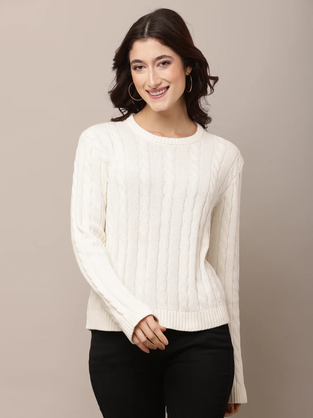 Women White Round Neck Full Sleeve Sweater