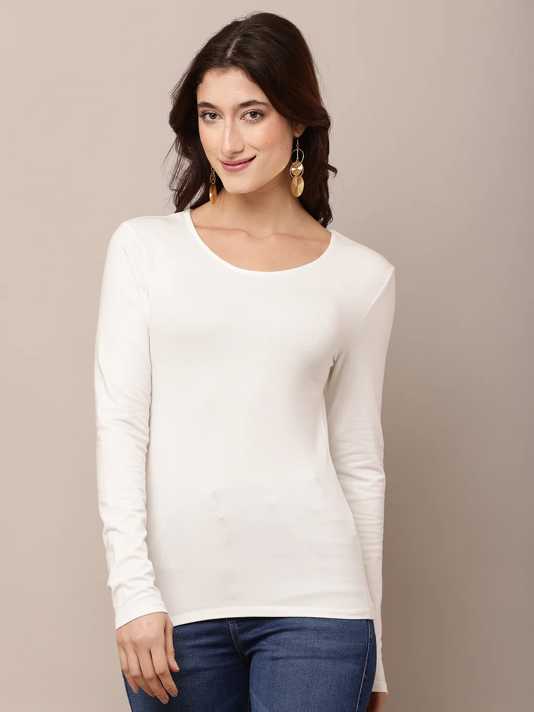 Women White Round Neck Full Sleeve T-shirt