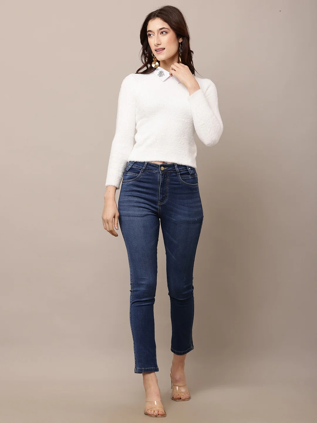 Women White Round Neck Nylon Sweater - Image 3