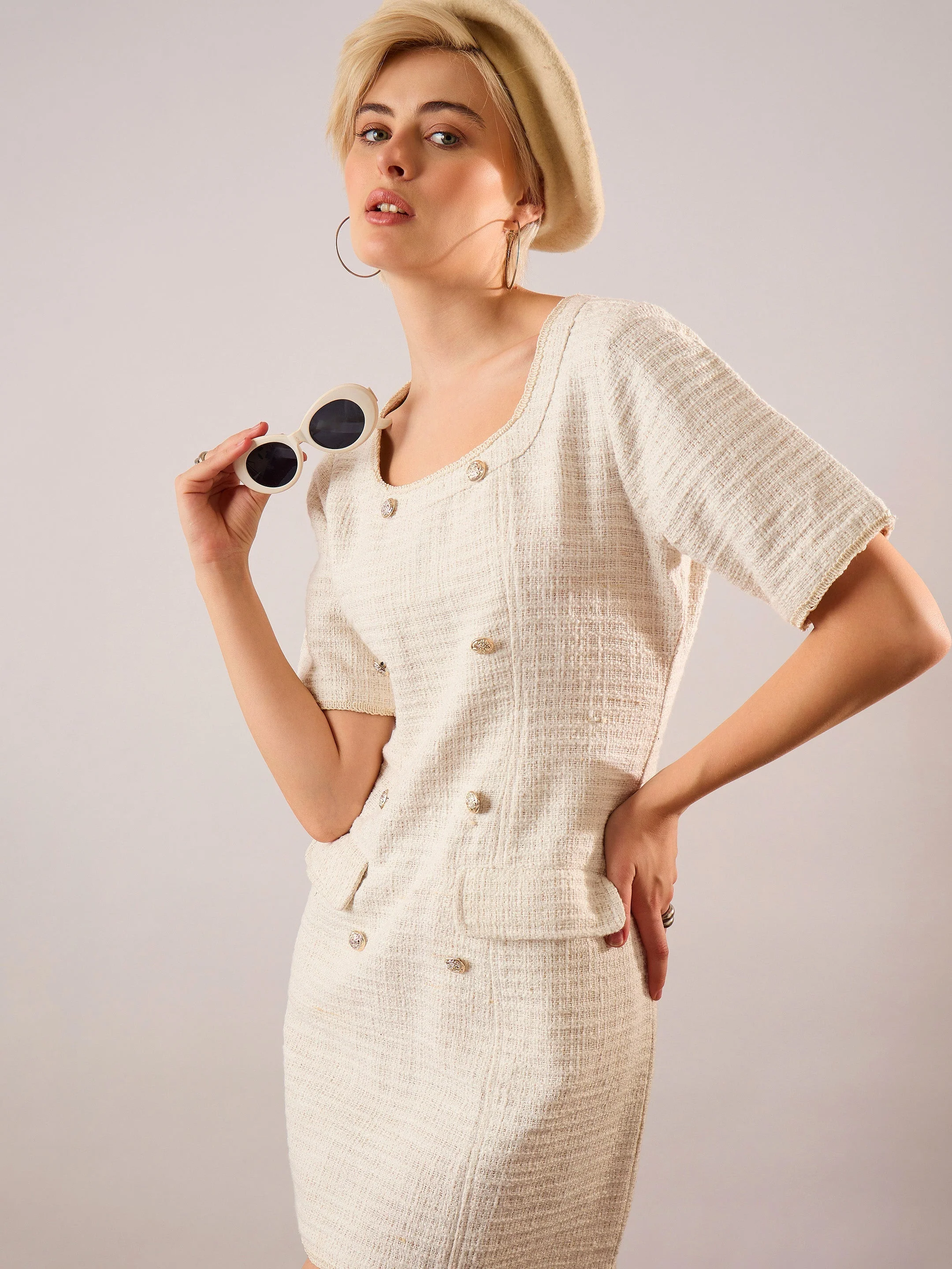 Women White Round Neck Short Dress