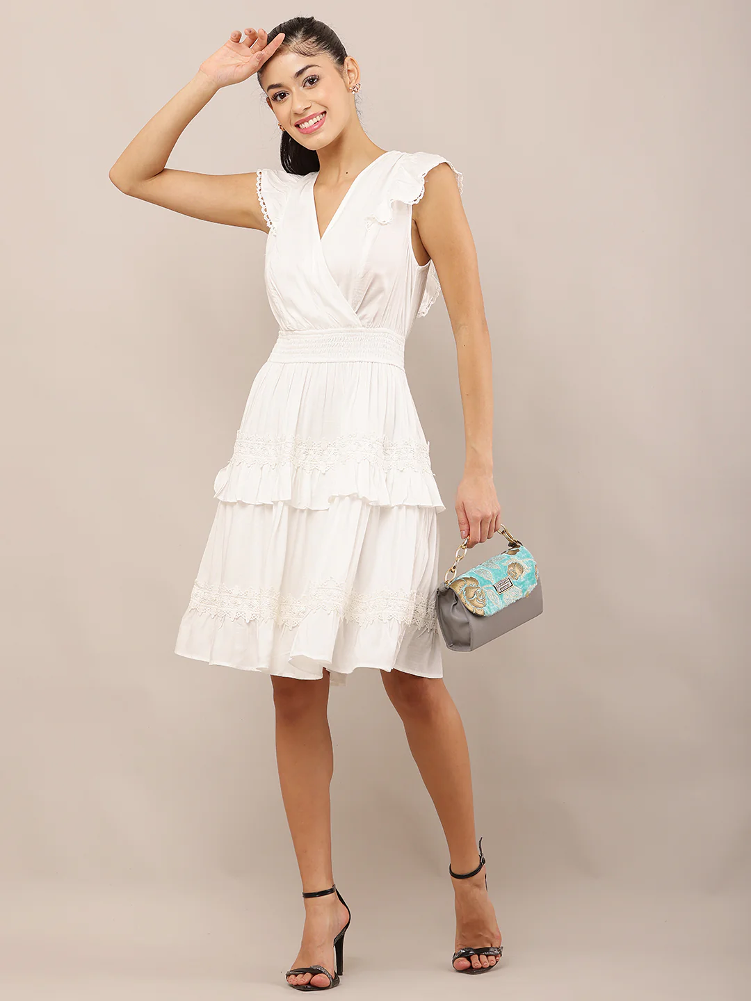 Women White Ruffled Wrap Polyester Fit & Flare Dress - Image 3