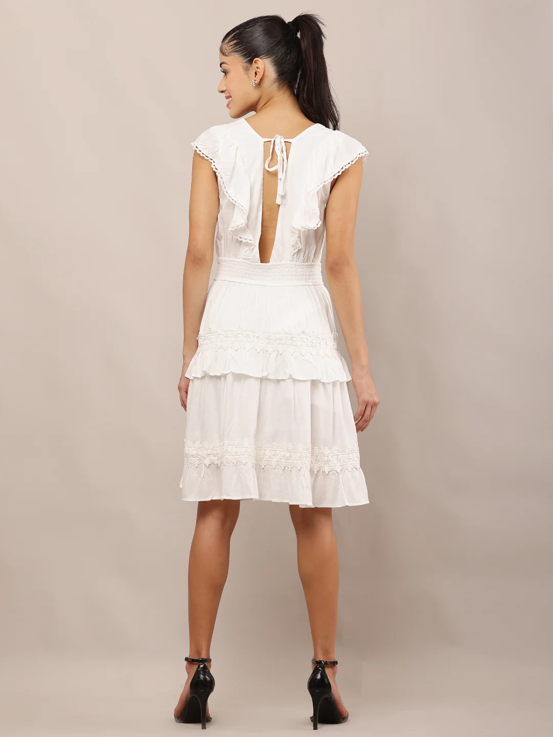 Women White Ruffled Wrap Polyester Fit & Flare Dress - Image 4