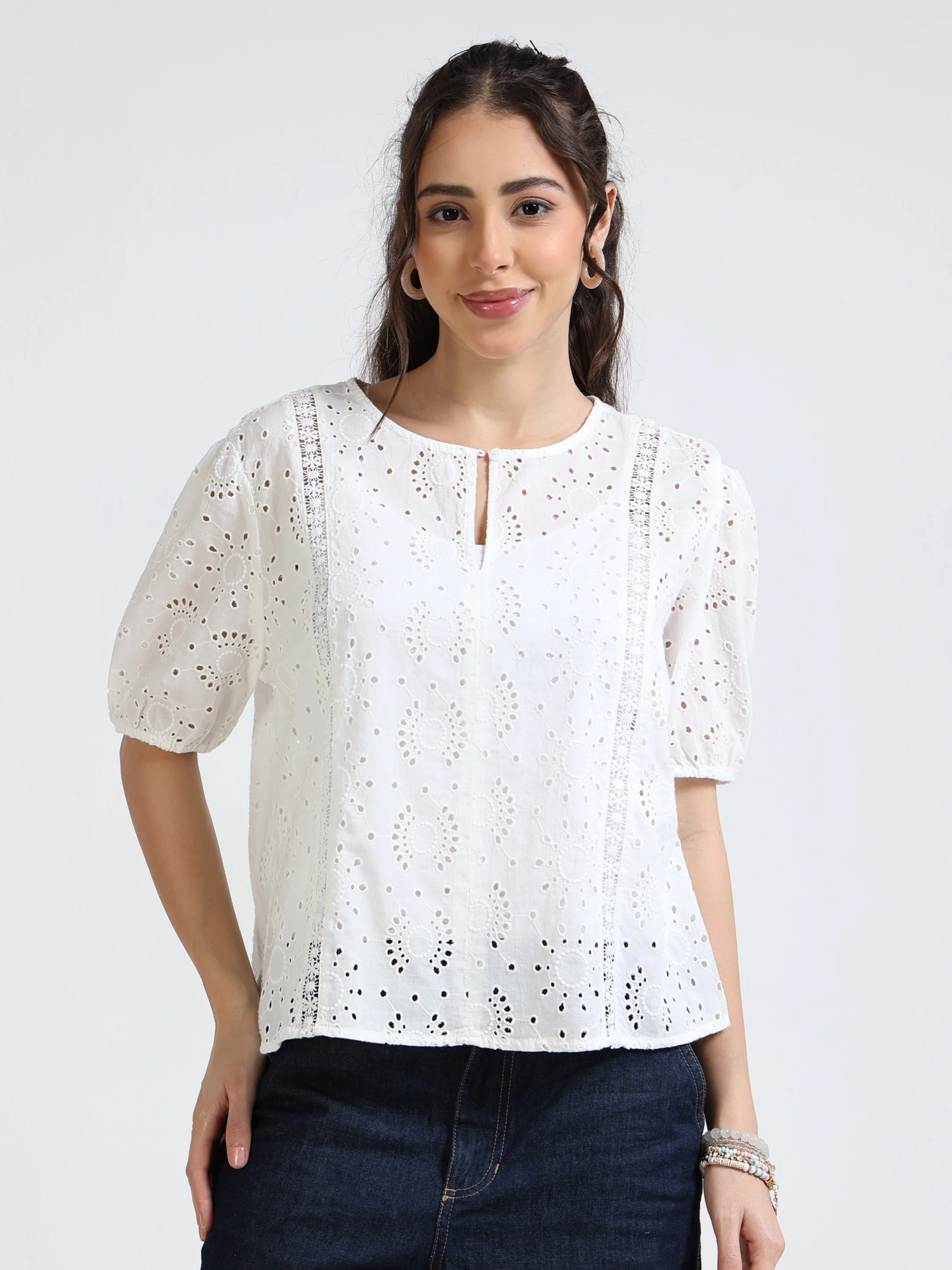 Women White Schiffli Top