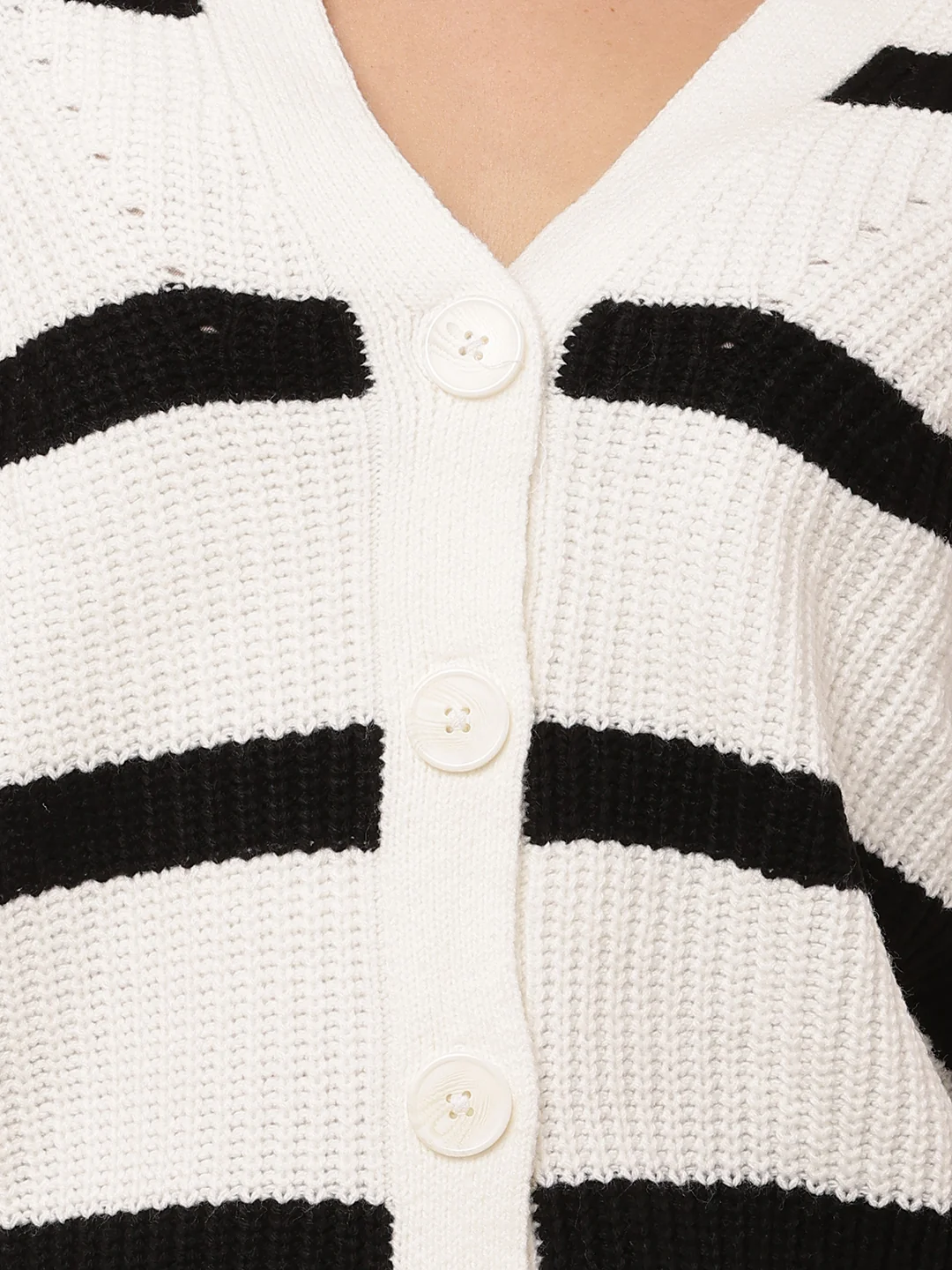 Women White Striped V-Neck Acrylic Cardigan - Image 5