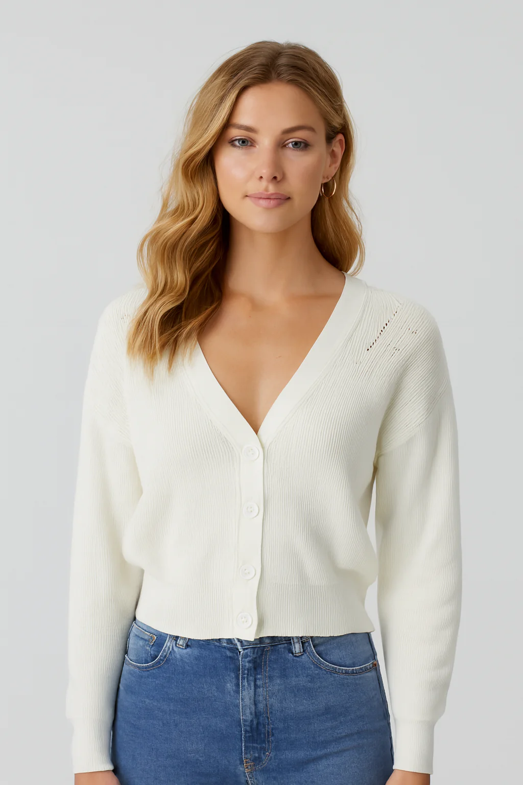 Women White V-Neck Button Down Sweater