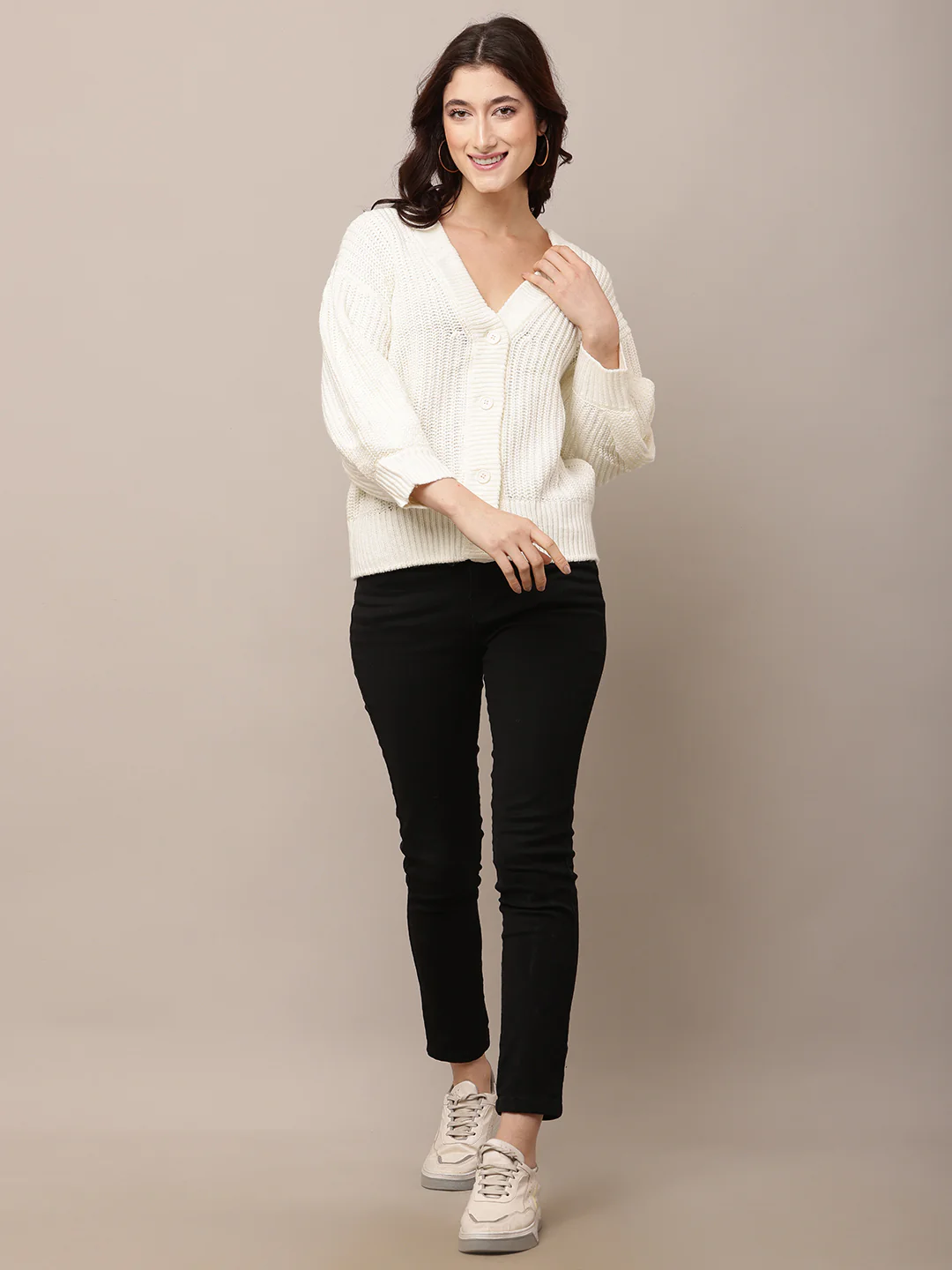 Women White V-Neck Full Sleeve Cardigan - Image 3