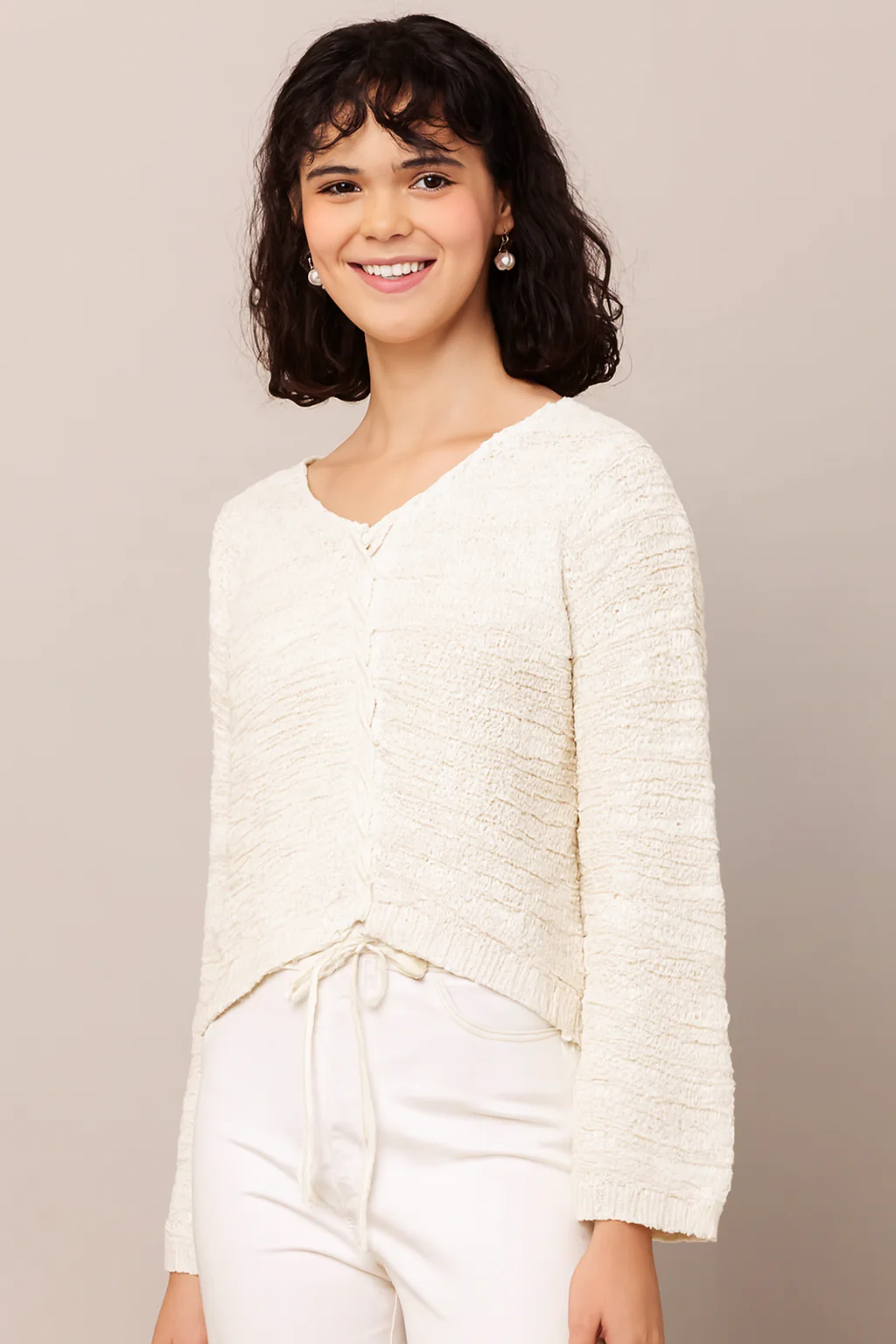 Women White V-Neck Knitted Sweater - Image 5