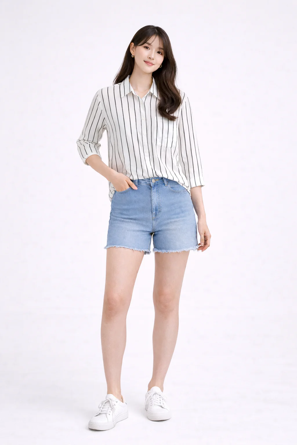 Women White Vertical Striped Cotton Shirt - Image 3