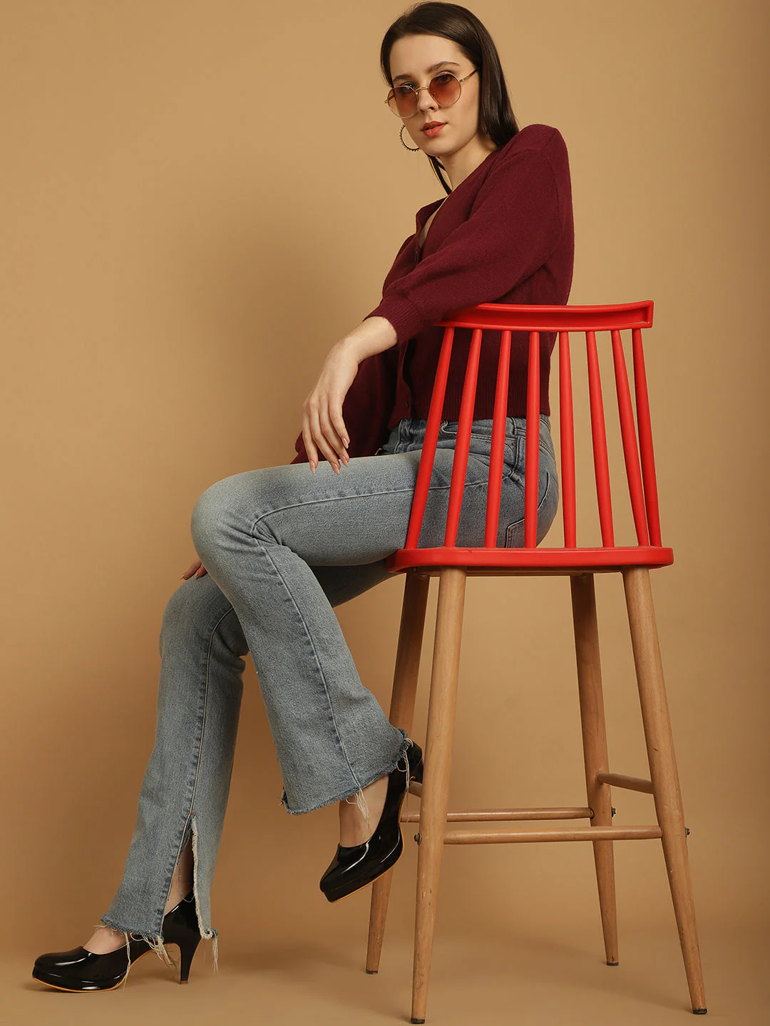 Women Wine V Neck Cardigan - Image 7