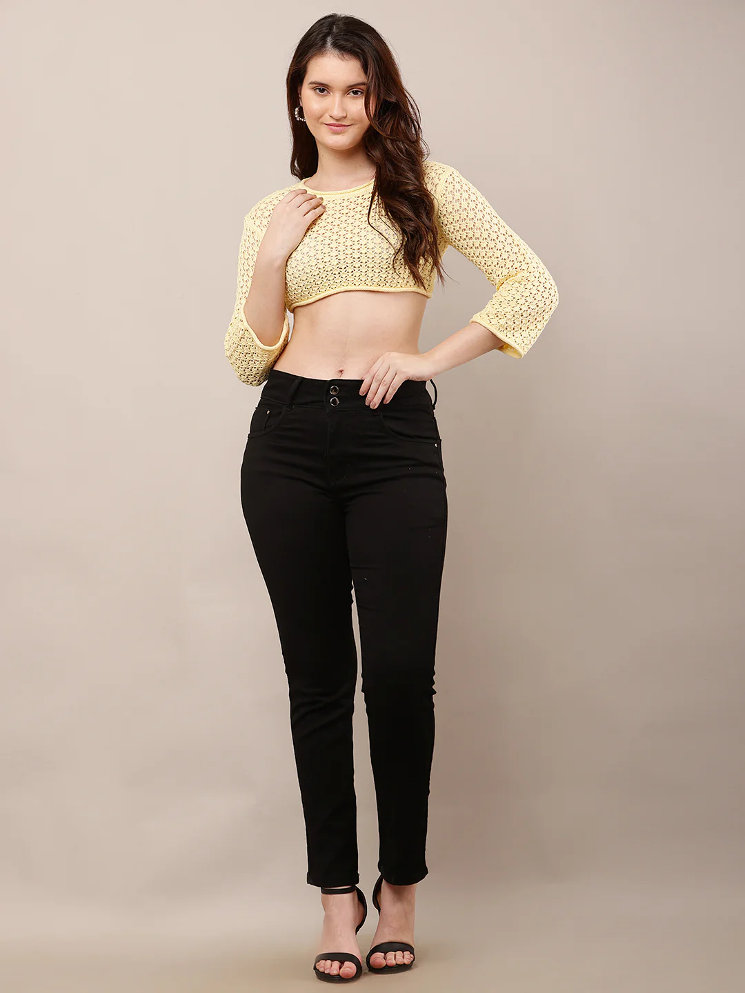 Women Yellow Crochet Crop Sweater with Round Neck - Image 3