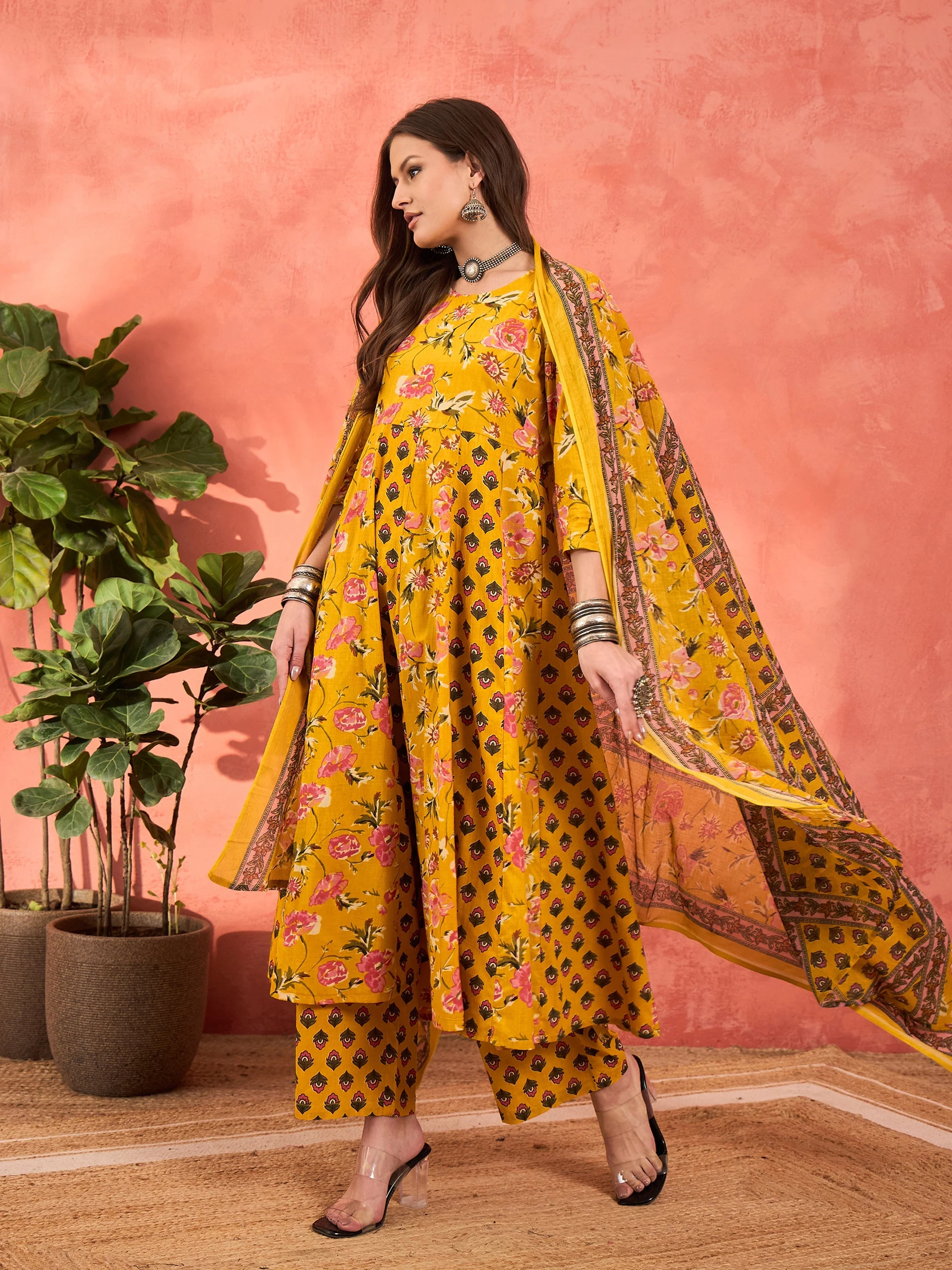 Women Yellow Floral Anarkali Kurta With Pants & Dupatta