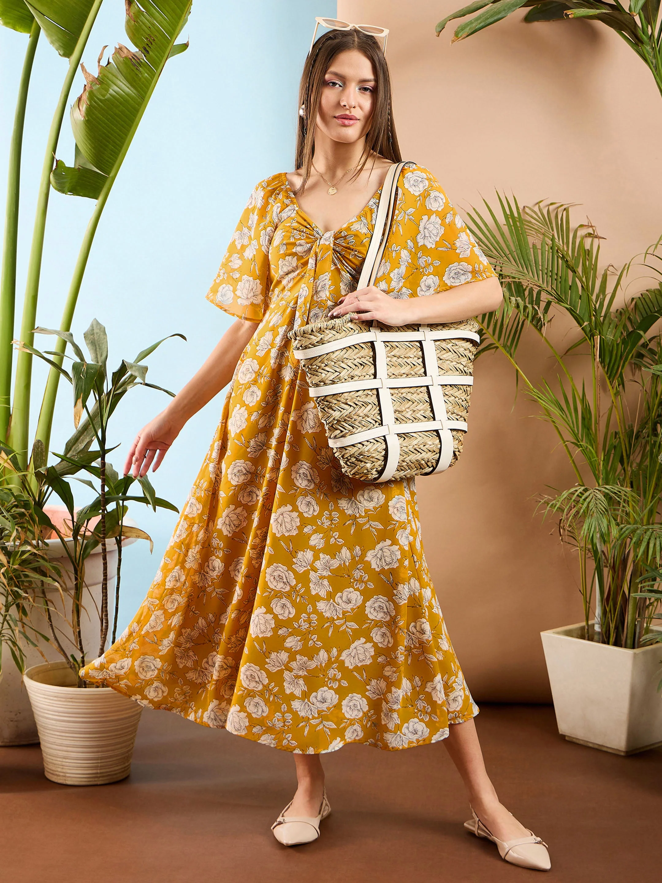 Women Yellow Floral Front Tie Midi Dress - Image 4