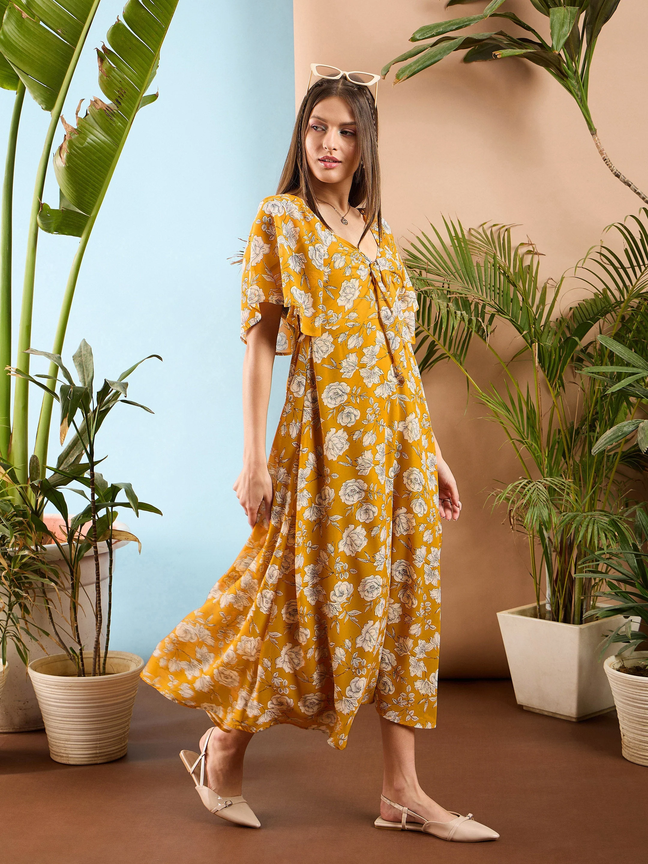 Women Yellow Floral Front Tie Midi Dress - Image 5