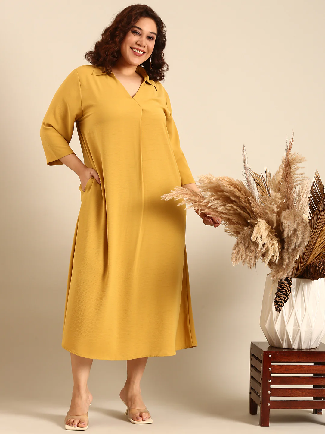 Women Yellow Ochre Collar Maxi Dress - Image 7