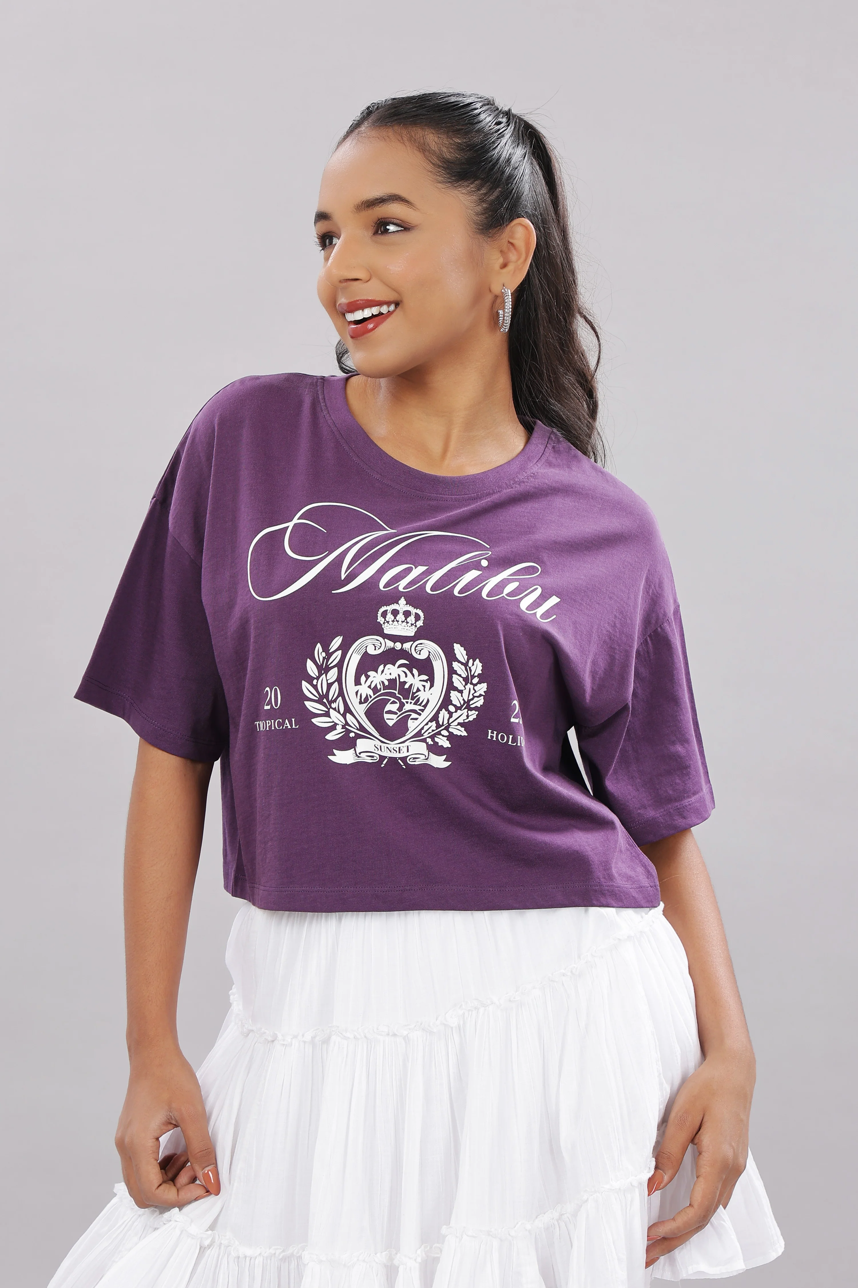 Women Printed purple Cotton Tshirt - Image 3